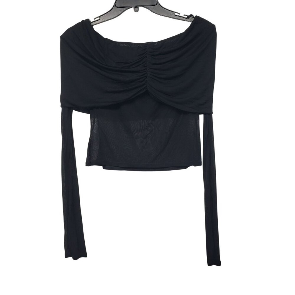 HELSA Revolve Black Sheer Knit Off The Shoulder Top Mesh Jersey Long Sleeve - Picture 5 of 15